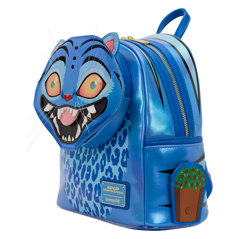 Blue backpack with a cartoonish face design on a white background
