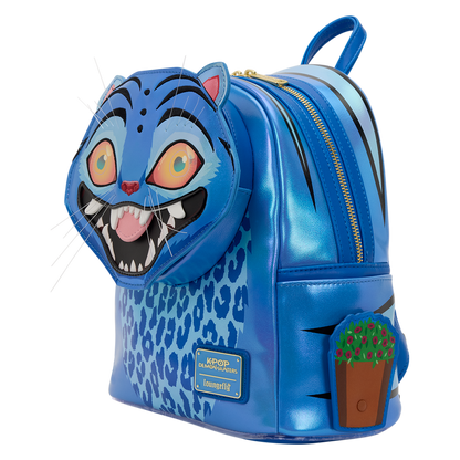 Blue backpack with a cartoonish face design on a white background
