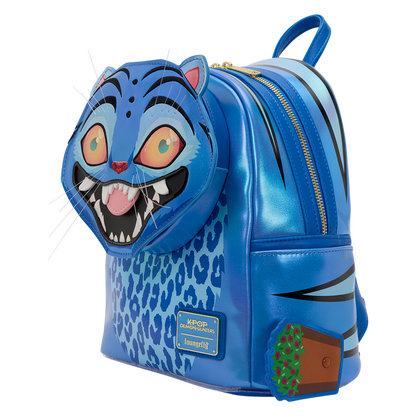 Blue backpack with a cartoonish cat face design on a white background