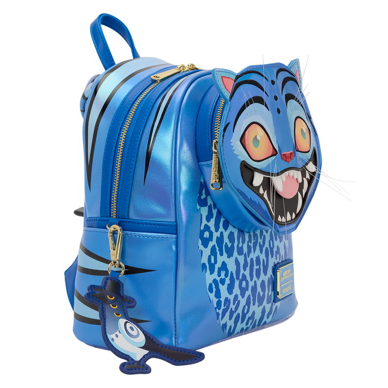Blue backpack with cartoon cat face design on a white background