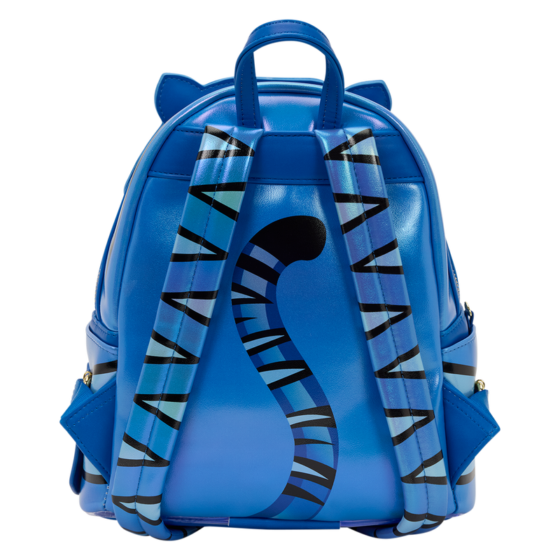 Blue backpack with tiger design on a white background
