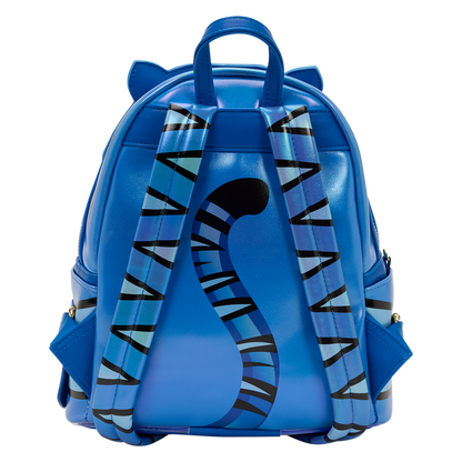 Blue backpack with tiger design on a white background