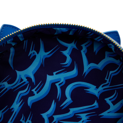 Blue and black patterned pouch with a zipper