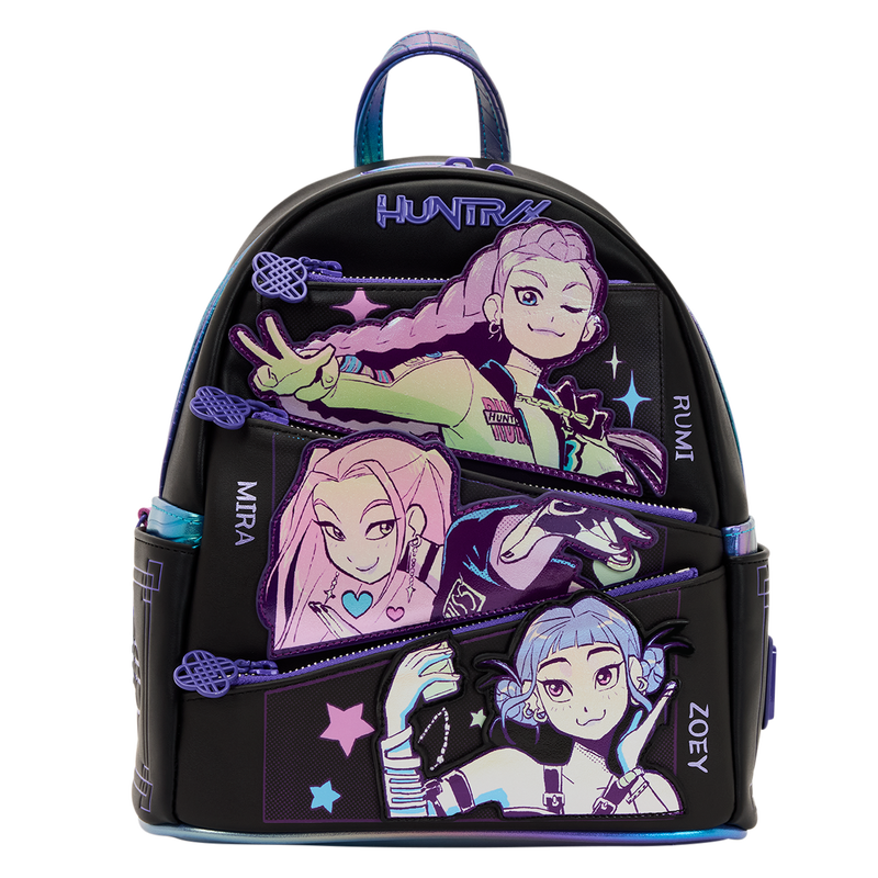Black backpack with animated character designs on a white background