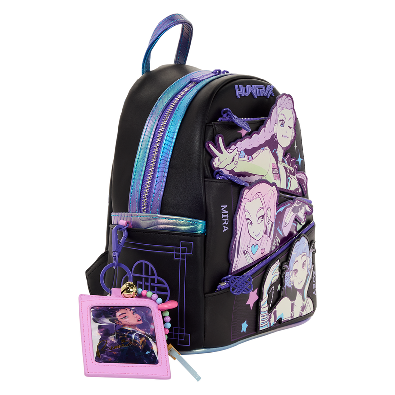 Black backpack with character designs and a pink tag on a white background