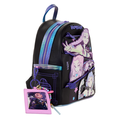 Black backpack with character designs and a pink tag on a white background