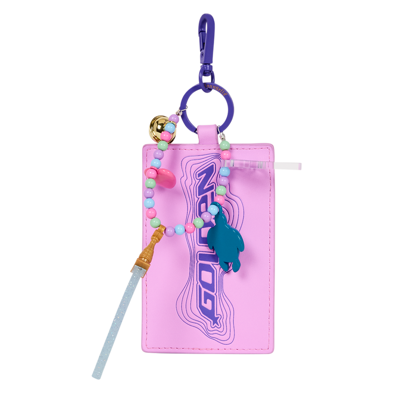 Pink keychain pouch with colorful beads and a blue fish charm on a white background