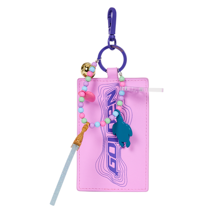 Pink keychain pouch with colorful beads and a blue fish charm on a white background