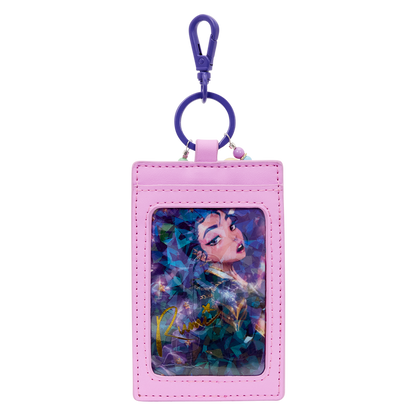 Pink keychain card holder with a character design on a white background