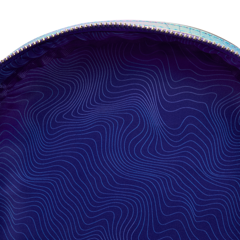 Close-up of a blue pouch with wavy line pattern