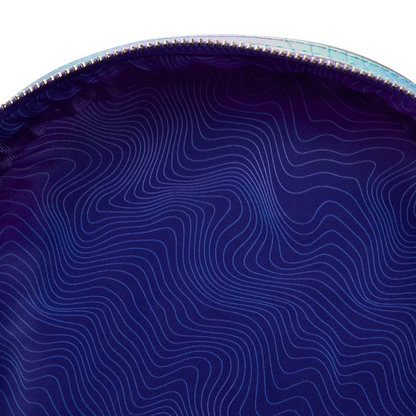 Close-up of a blue pouch with wavy line pattern