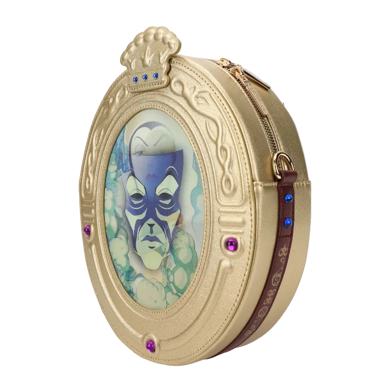 Decorative round pouch with a face design and decorative elements on a white background