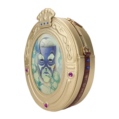 Decorative round pouch with a face design and decorative elements on a white background