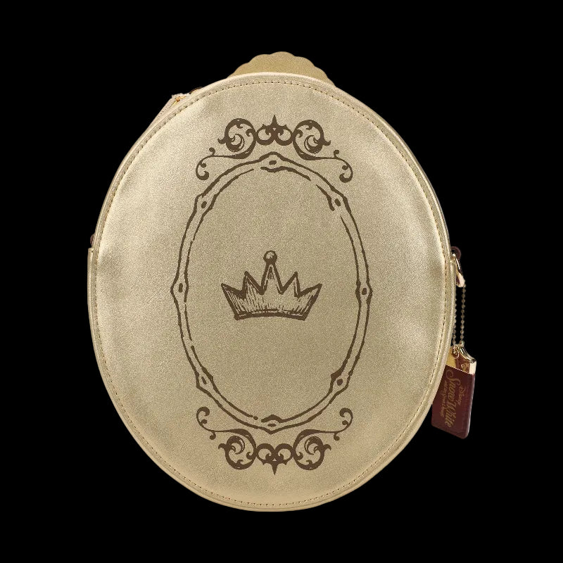 Round beige pouch with a crown design and a tag on a white background