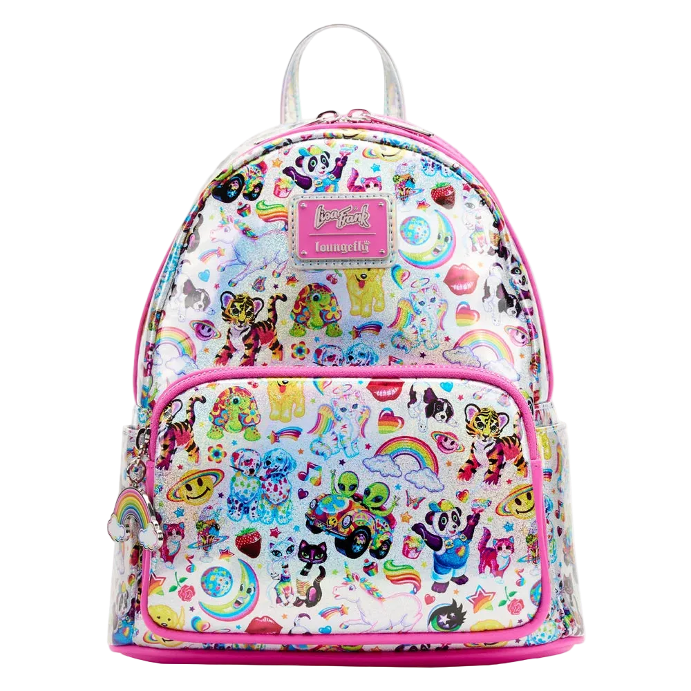 A small backpack with a glossy, transparent shell covered in colorful cartoon graphics, featuring a pink front pocket with a matching pink zipper and a pink 'Laughing Factory' brand patch.