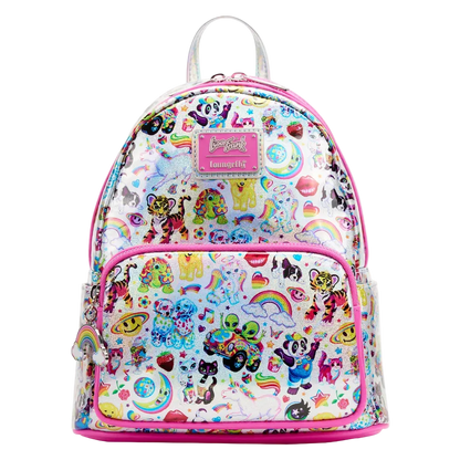 A small backpack with a glossy, transparent shell covered in colorful cartoon graphics, featuring a pink front pocket with a matching pink zipper and a pink 'Laughing Factory' brand patch.