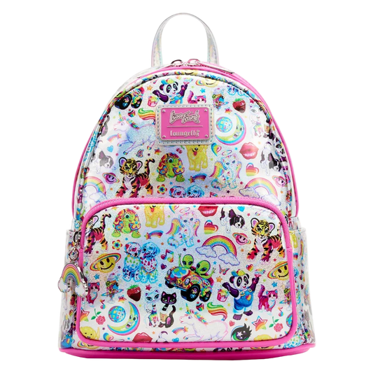 A small backpack with a glossy, transparent shell covered in colorful cartoon graphics, featuring a pink front pocket with a matching pink zipper and a pink 'Laughing Factory' brand patch.
