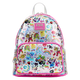 A small backpack with a glossy, transparent shell covered in colorful cartoon graphics, featuring a pink front pocket with a matching pink zipper and a pink 'Laughing Factory' brand patch.