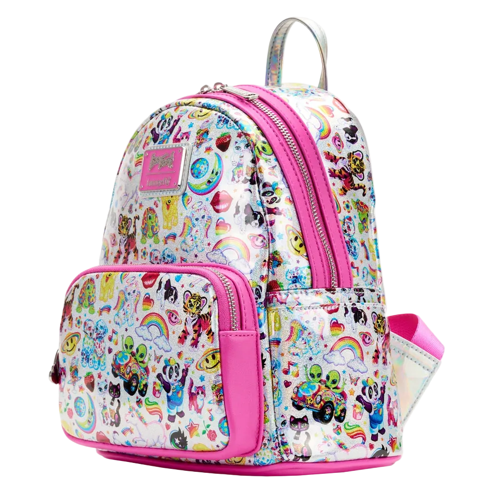 A white mini backpack covered in a colorful cartoon and pop-culture print, featuring bright pink trim, a front zip pocket, and a top handle, shown on a plain white background.