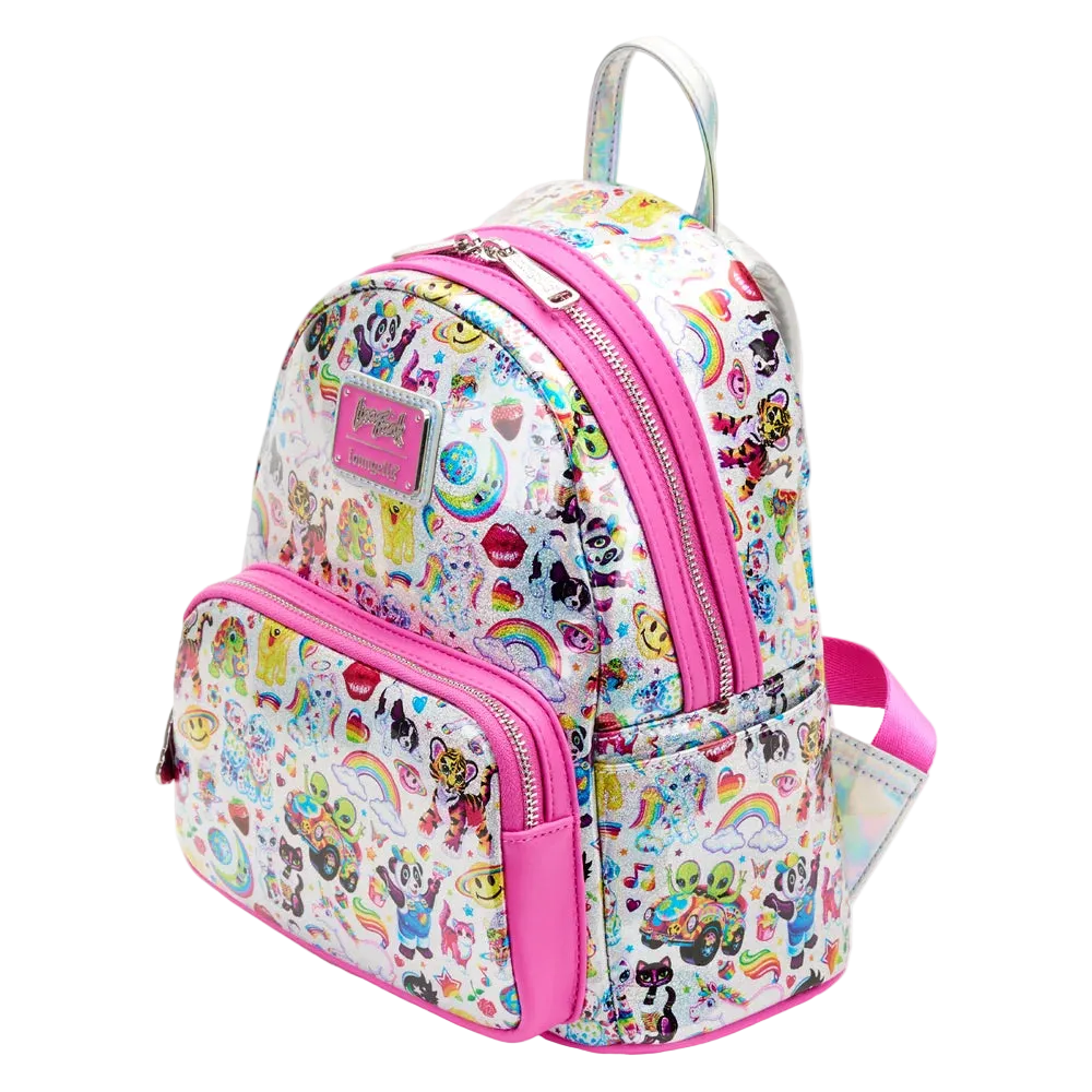 A small backpack with a white base covered in a colorful cartoon and graphic print, accented with bright pink trim, zippers, and handles, shown on a plain white background.