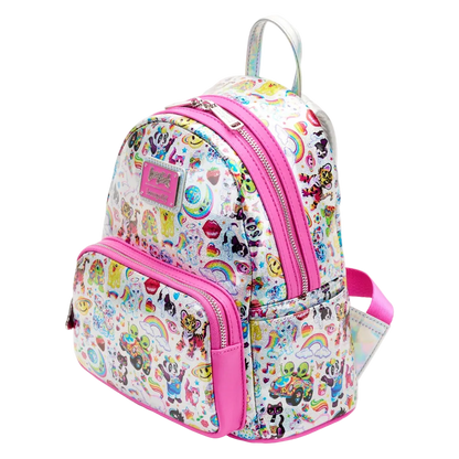 A small backpack with a white base covered in a colorful cartoon and graphic print, accented with bright pink trim, zippers, and handles, shown on a plain white background.