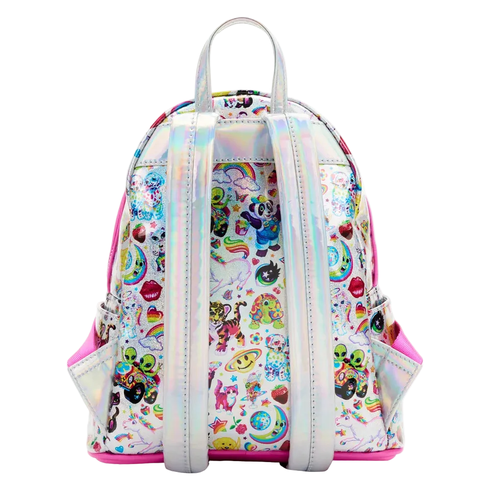 A small backpack with a holographic iridescent finish, decorated with a colorful cartoon and candy-themed graphic print, featuring bright pink trim and white straps, shown against a plain white background.