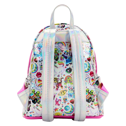A small backpack with a holographic iridescent finish, decorated with a colorful cartoon and candy-themed graphic print, featuring bright pink trim and white straps, shown against a plain white background.