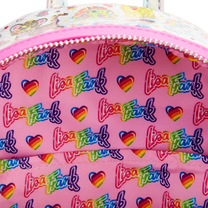 Close-up of a pink backpack interior with an allover repeating print of 'Lia Frank' in rainbow script and rainbow heart motifs, finished with a white beaded zipper trim.