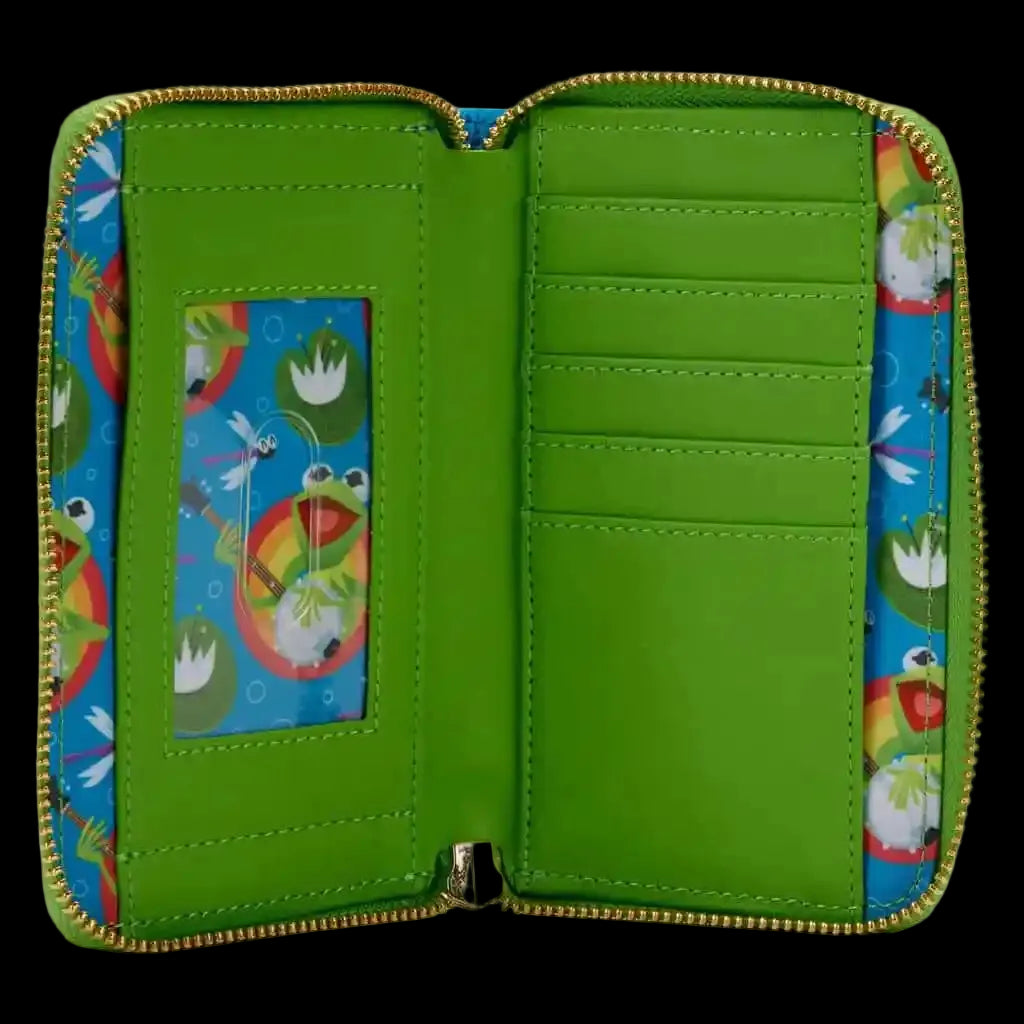 Green wallet with colorful frog pattern on a white background