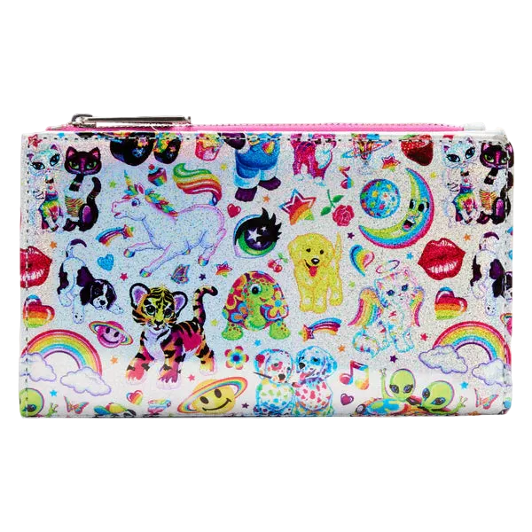 A rectangular zip-around wallet covered in a colorful, glittery anime-inspired print featuring cats, a tiger, a puppy, rainbows, aliens, stars, and hearts on a white background.