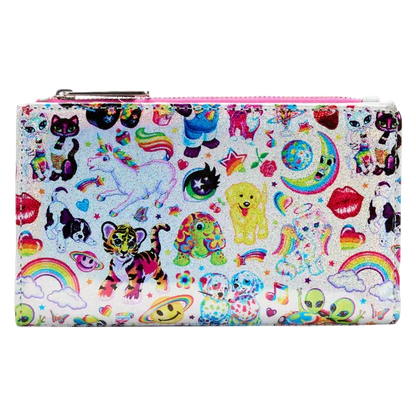 A rectangular zip-around wallet covered in a colorful, glittery anime-inspired print featuring cats, a tiger, a puppy, rainbows, aliens, stars, and hearts on a white background.