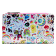 A rectangular zip-around wallet covered in a colorful, glittery anime-inspired print featuring cats, a tiger, a puppy, rainbows, aliens, stars, and hearts on a white background.