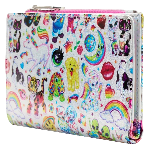 A zippered wallet with a white background covered in a dense, colorful cartoon print featuring cats, dogs, unicorns, rainbows, stars, and lips.