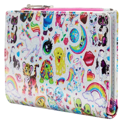A zippered wallet with a white background covered in a dense, colorful cartoon print featuring cats, dogs, unicorns, rainbows, stars, and lips.
