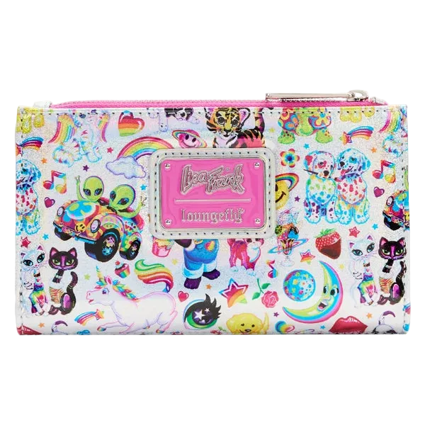 A white zip-around wallet covered in a colorful cartoon and pop-culture print, featuring a pink faux-leather logo patch on the front that reads 'Loungefly' and 'Bastard'.
