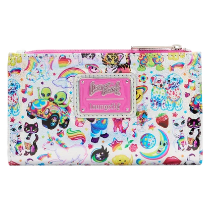 A white zip-around wallet covered in a colorful cartoon and pop-culture print, featuring a pink faux-leather logo patch on the front that reads 'Loungefly' and 'Bastard'.
