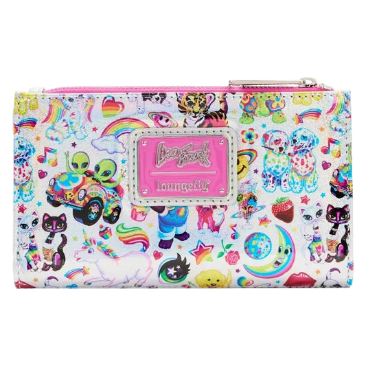 A white zip-around wallet covered in a colorful cartoon and pop-culture print, featuring a pink faux-leather logo patch on the front that reads 'Loungefly' and 'Bastard'.