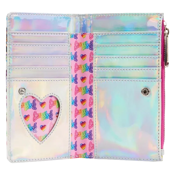 An open holographic wallet with multiple card slots, a pink zipper, a heart-shaped clear window showing colorful 'Love' patterned paper, and a vertical pink band with repeating 'Love' text and rainbow hearts.
