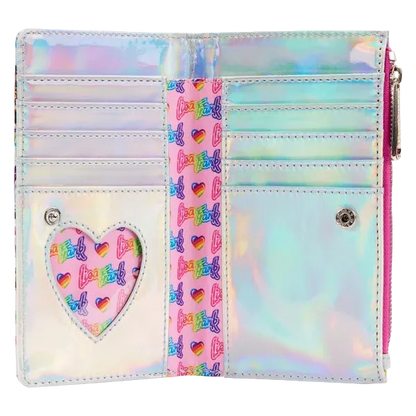 An open holographic wallet with multiple card slots, a pink zipper, a heart-shaped clear window showing colorful 'Love' patterned paper, and a vertical pink band with repeating 'Love' text and rainbow hearts.