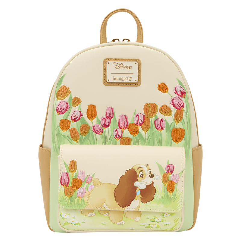 Backpack with cartoon dog and tulips design on a white background