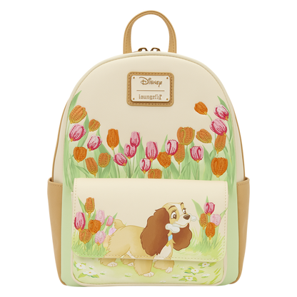 Backpack with cartoon dog and tulips design on a white background