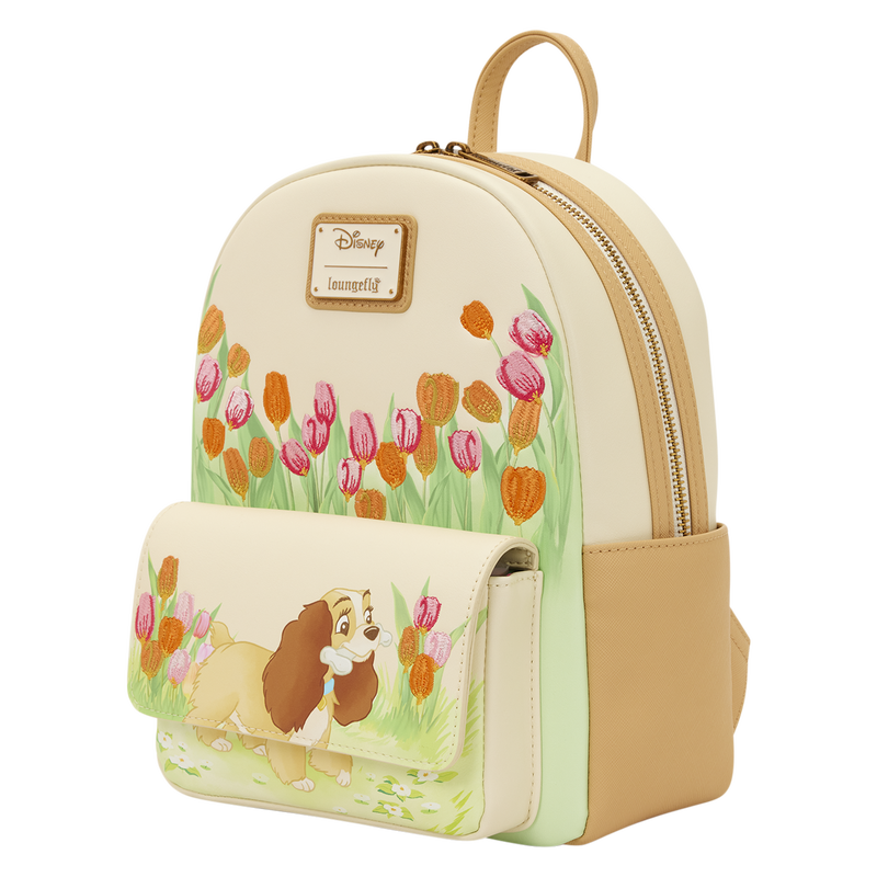 Backpack with floral design and Disney logo on a white background