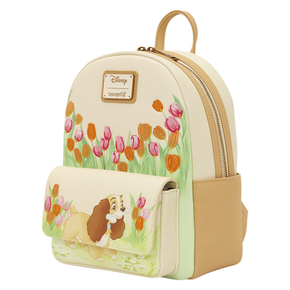 Backpack with floral design and Disney logo on a white background