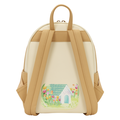 Backpack with a cute house and flower design on a white background