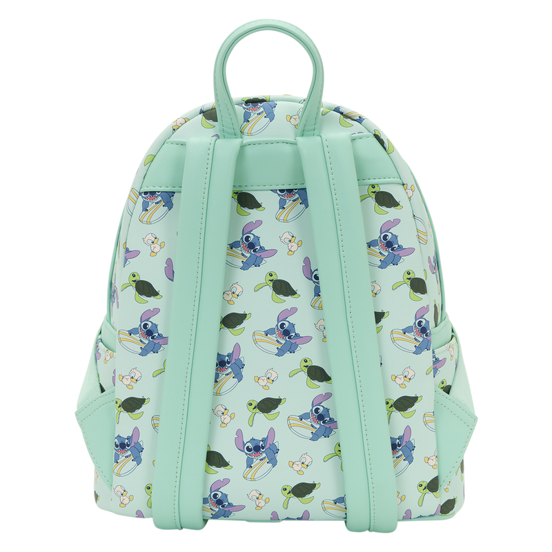Backpack with cartoon character pattern on a light green background