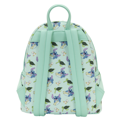 Backpack with cartoon character pattern on a light green background
