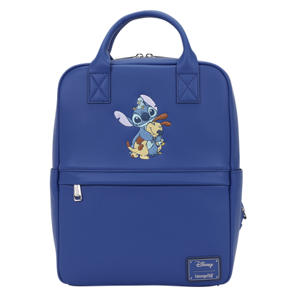 Blue backpack with cartoon character design on a white background