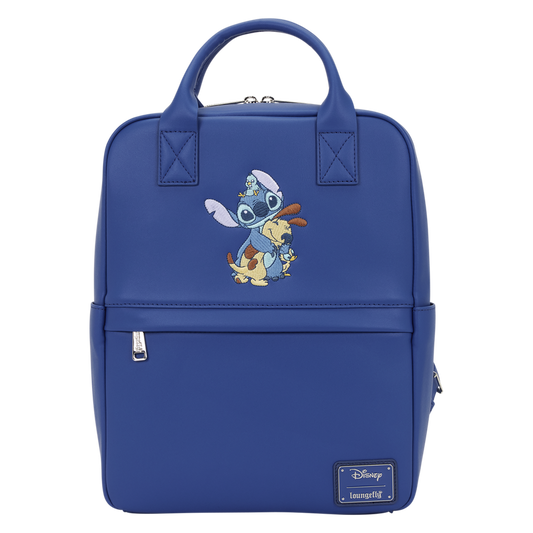 Blue backpack with cartoon character design on a white background