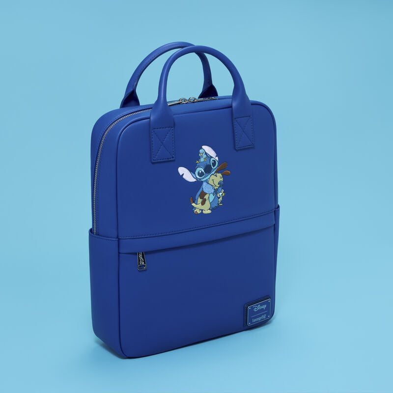 Blue backpack with cartoon character design on a blue background