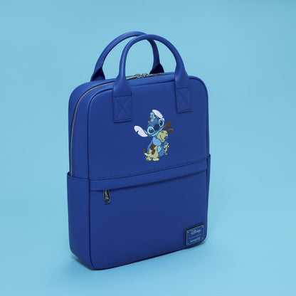 Blue backpack with cartoon character design on a blue background